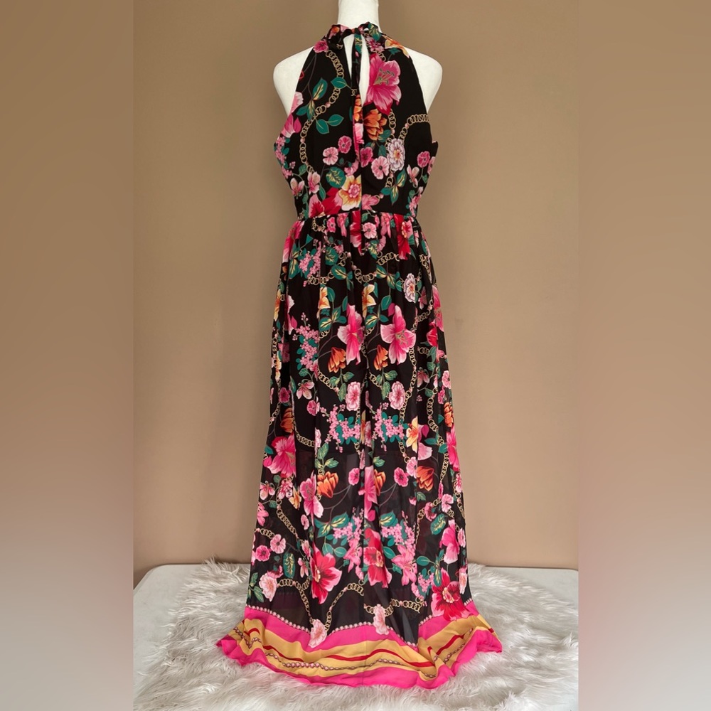{Nicole Miller} Floral & Chain Maxi Dress Sleeveless in Black - Women's 6 - Picture 6 of 11